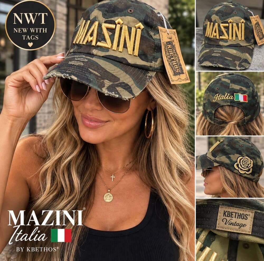 NWT Mazini Italia KBETHOS Camo Distressed Baseball Cap Hat Gold Embroidered